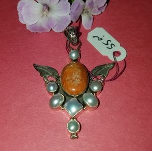 New Italian coral & pearl angel wing Sterling silver pendant